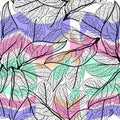 Leaves black contours, bright blue lilac purple green modern trendy background. floral seamless pattern, hand-drawn. Geometric abs Royalty Free Stock Photo