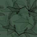 Leaves black contours on dark olive dark khaki green background.