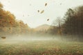 Leaves blown by wind on meadow in autumn