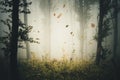 Leaves blown by the wind in mysterious forest with fog