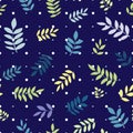 Leaves and branches , yellow, purple, blue, green, turquoise, small white spotted background, blue background, snow, vector seamle Royalty Free Stock Photo