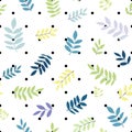 Leaves and branches , yellow, purple, blue, green, turquoise, black polka dots background, vector seamless pattern Royalty Free Stock Photo