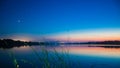 Leaves of a bulrush in the wind on a large, quiet and peaceful summer countryside pond after sunset