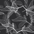 Leaves contours on black background. floral seamless pattern, hand-drawn. Vector