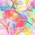 Leaves contours, Rainbow bright magenta pink orange turquoise lilac purple modern trendy floral seamless pattern, hand-drawn. Geom