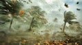 Leaves and debris swirl through the air caught in the powerful gusts of wind that accompany the fierce storm Royalty Free Stock Photo