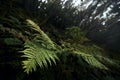 Leaves of fern in mysterious foggy forest Royalty Free Stock Photo