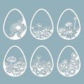 leaves, flowers, carved in egg. Vector illustration. Easter eggs for Easter holidays. Set of paper Easter egg stickers