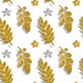 Leaves and flowers of golden and silver glitter on white background, seamless pattern Royalty Free Stock Photo