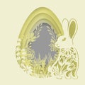 Leaves, flowers, rabbit, bunny, hare carved in egg. Vector illustration. Easter eggs for Easter holidays. Laser cut. Vector