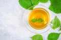 Leaves of fresh green nettle and a clear glass cup of herbal nettle tea on a gray concrete table. Top view. Royalty Free Stock Photo