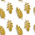 Leaves of golden and silver glitter on white background, seamless pattern Royalty Free Stock Photo