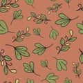 Leaves hand drawn color vector seamless pattern. Cartoon leafage flat illustration.