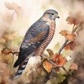 Realistic Landscape Illustration Of A Hawk Sitting On A Branch