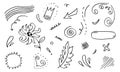 Leaves, hearts, abstract, ribbons, arrows and other elements in hand drawn styles for concept designs. Doodle illustration. Vector