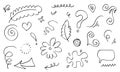 Leaves, hearts, abstract, ribbons, arrows and other elements in hand drawn styles for concept designs. Doodle illustration. Vector