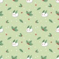 Holly and rabbits made of snow seamless background