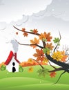 Leaves with a house in the landscape behind Royalty Free Stock Photo