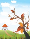 Leaves with a house in the landscape behind Royalty Free Stock Photo