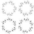 Wreaths of leaves and twigs. Set of black and white vector round floral frames.