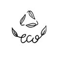 Leaves made in recycling sign wit hand written word eco with leaves growing. Hand drawn vector sketch doodle illustration in flat Royalty Free Stock Photo