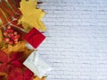 Leaves maple stone wall, gift box, berry, discount, frame Royalty Free Stock Photo