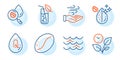Water glass, Wind energy and Water analysis icons set. Leaves, No alcohol and Waves signs. Coffee beans symbol. Vector