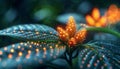 Leaves and orange berries glow with ethereal lights, creating a surreal blend of nature and fantasy