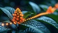 Leaves and orange berries glow with ethereal lights, creating a surreal blend of nature and fantasy
