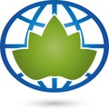 Leaves, plant and earth ball, nature and wellness logo