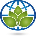 Leaves, plant and earth ball, nature and wellness logo