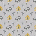 Leaves and plants seamless pattern. Hand-drawn plants on a grey background, vector illustration