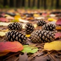 And leaves rest on a bed of pine needles, creating a textured, Royalty Free Stock Photo