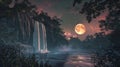 Leaves rustle in the warm gentle breeze as the moon rises to illuminate a picturesque waterfall standing out in stark Royalty Free Stock Photo