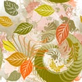 Leaves seamless pattern. Elegance colorful rough vector background. Modern repeat fantasy backdrop. Leafy ornaments with fractals