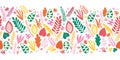 Leaves seamless vector border. Abstract autumn leaves green red yellow orange repeating pattern. Hand drawn leaf nature