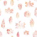 Seamless pattern with leaves imprints. Orange watercolor design. Colorful autumn ornament. Royalty Free Stock Photo