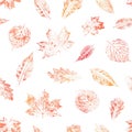 Seamless pattern with leaves imprints. Orange watercolor design. Colorful autumn ornament. Royalty Free Stock Photo