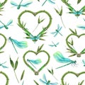Leaves, twigs and compositions in the form of bamboo hearts with beautiful blue dragonflies. Watercolor illustration