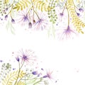 Leaves with wild fluffy lilac flowers, on a white background, watercolor, handmade