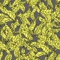 leaves on wooden twigs vector seamless pattern whiteyellow grey Royalty Free Stock Photo