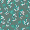 leaves on wooden twigs vector seamless pattern white and green with shadow on blue Royalty Free Stock Photo