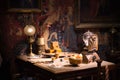 Interior of student`s bedroom. Harry Potter`s bed. Decoration Warner Brothers Studio. UK