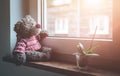 Leaving concept: Teddy bear is looking out of the window, sunlight