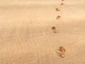 Leaving footprint on the sand. Close-up footprint from foot step walking on the sandy beach with copy space. Royalty Free Stock Photo