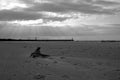 Leba beach afer rainy day, sun rays pass through the clouds, Poland