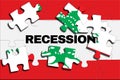 Lebanese flag print jigsaw puzzles collapse and fall apart. Under the puzzle is the word Recession. The concept of the recession