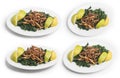 Lebanese food of Cooked hindbeh with fried onion and lemon isolated on white, Clipping Path Included