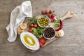 Lebanese food of Labneh Yogurt cheese, vegetables and olives