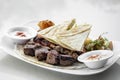 Lebanese meshwi mixed grilled meat set on plate